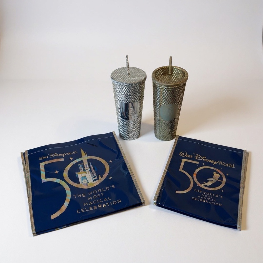 Disney Collectible Starbucks Tumbler Gold Silver 50th AnniversaryTumbler Straws